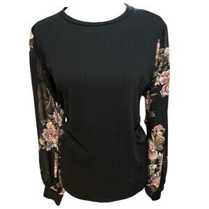 SHEIN Black Long Sleeve Top with Floral Sheer Sleeves – Size L – EUC